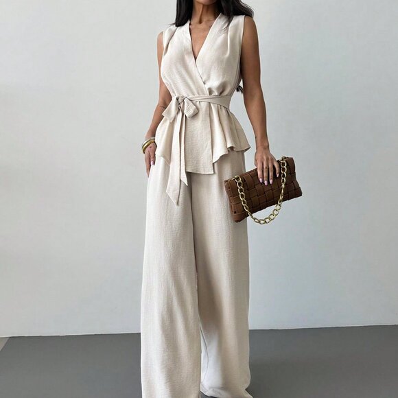 Apricot Elegant Casual Womens Loose V Neck Sleeveless top & Straight Leg Pants - Picture 4 of 7